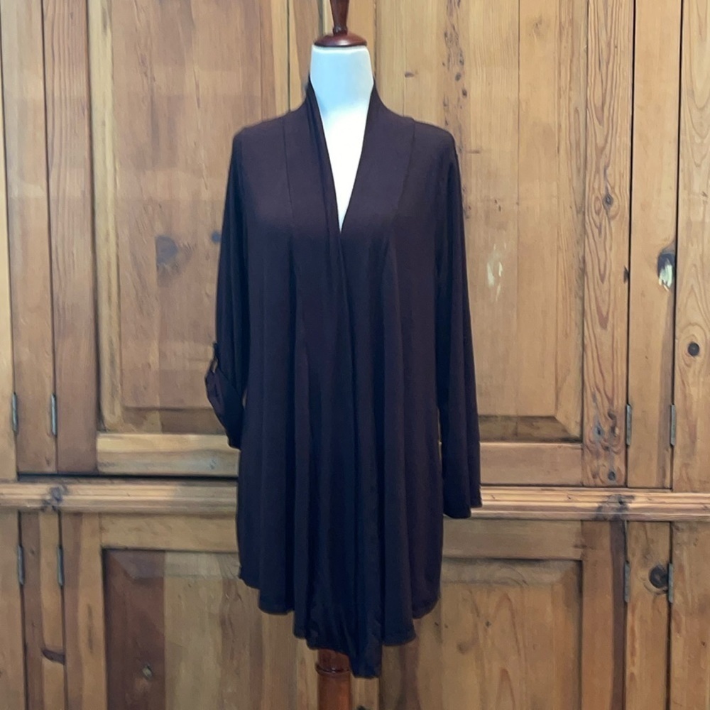 Splendid Chocolate Brown Open Front Roll Tab Sleeve Cardigan Sz. L
